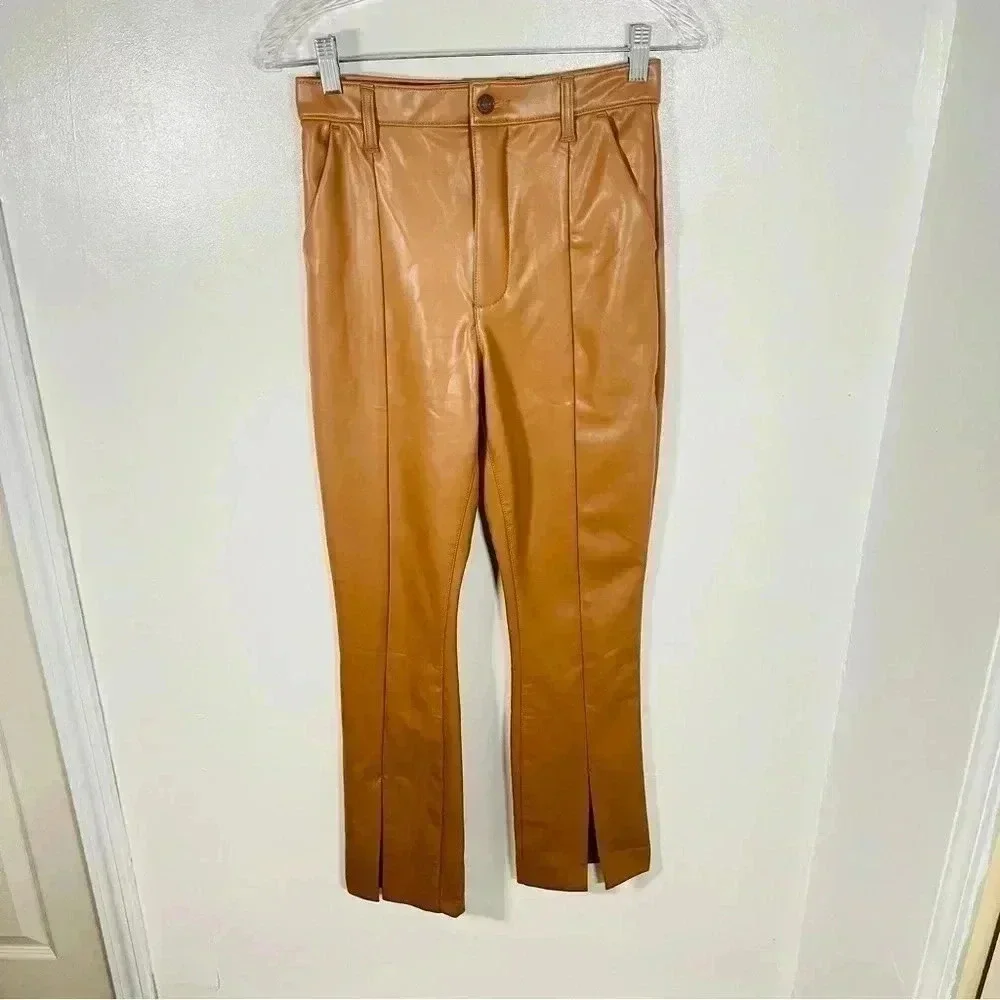 Abercrombie & Fitch The Skinny Ultra High Rise Faux Leather Split Hem Camel Tan